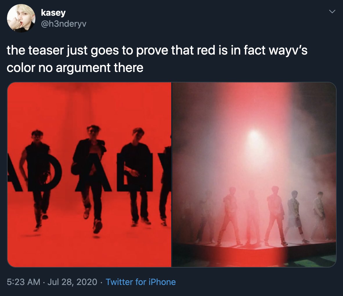 And every time WayV releases content with red in it, they act like it’s a confirmation of a fandom color change, or that WayV is sending them some subliminal message that they want red.