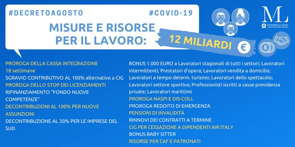 🎯#DecretoAgosto 12 miliardi per famiglie, lavoratori e imprese. Ecco come verranno impiegate le risorse per la ripartenza ⤵️ <a href="/CatalfoNunzia/">Nunzia Catalfo</a>