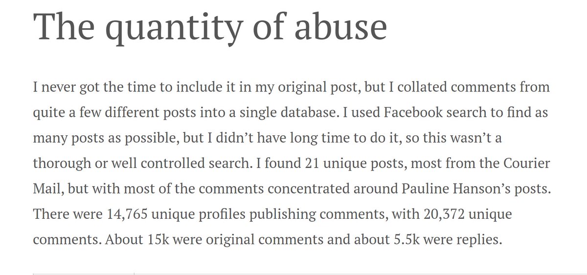 There's about 20,000 comments in total in my file, gathered from 21 posts, from  @couriermail,  @ladbible,  @theheraldsun, and Pauline Hanson's page. Each of these comment sections were filled with incredible, aggressive abuse.