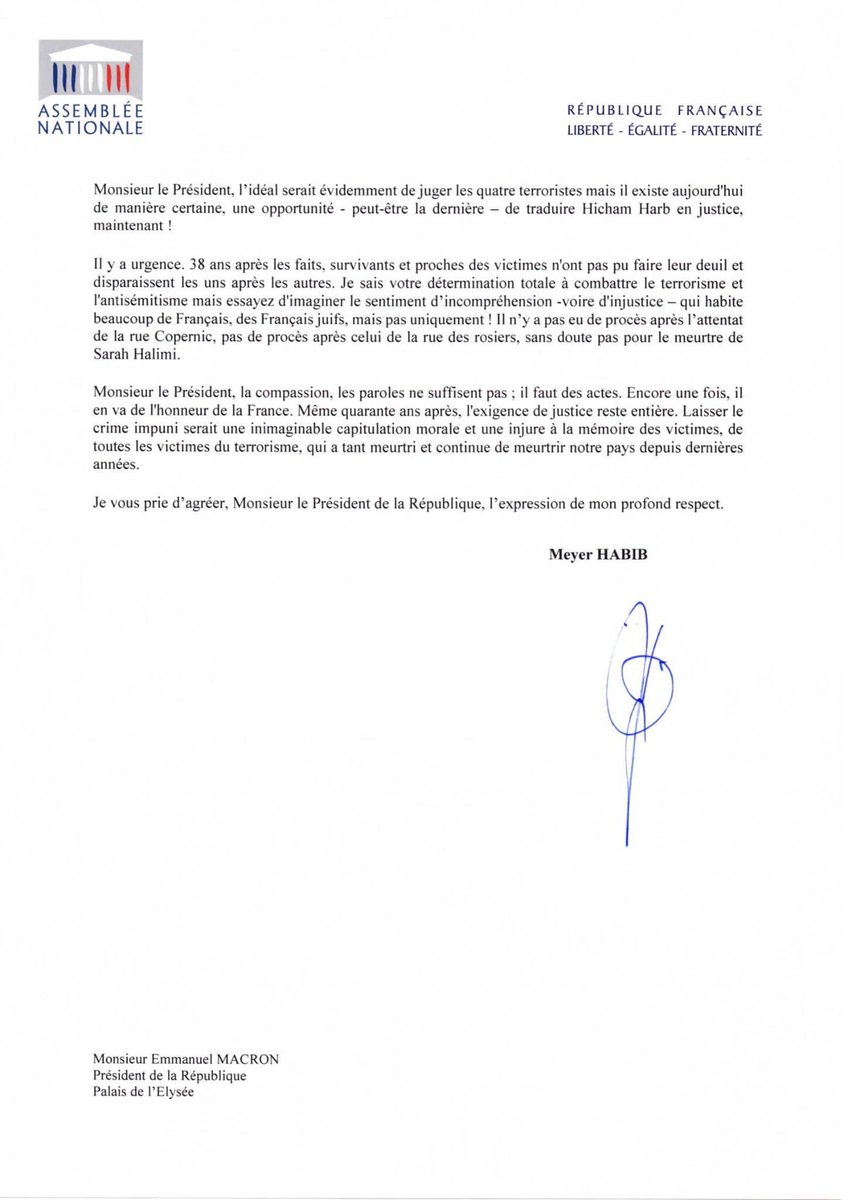9/08/82, 38 ans après l’attentat antisémite de la #RuedesRosiers à Paris, les 4 palestiniens identifiés et localisés sont libres! C’est une honte pour la 🇫🇷. Moralement, juridiquement &amp; humainement insupportable! <a href="/EmmanuelMacron/">Emmanuel Macron</a> <a href="/netanyahu/">Benjamin Netanyahu - בנימין נתניהו</a> a proposé son aide.
Ma lettre au PR