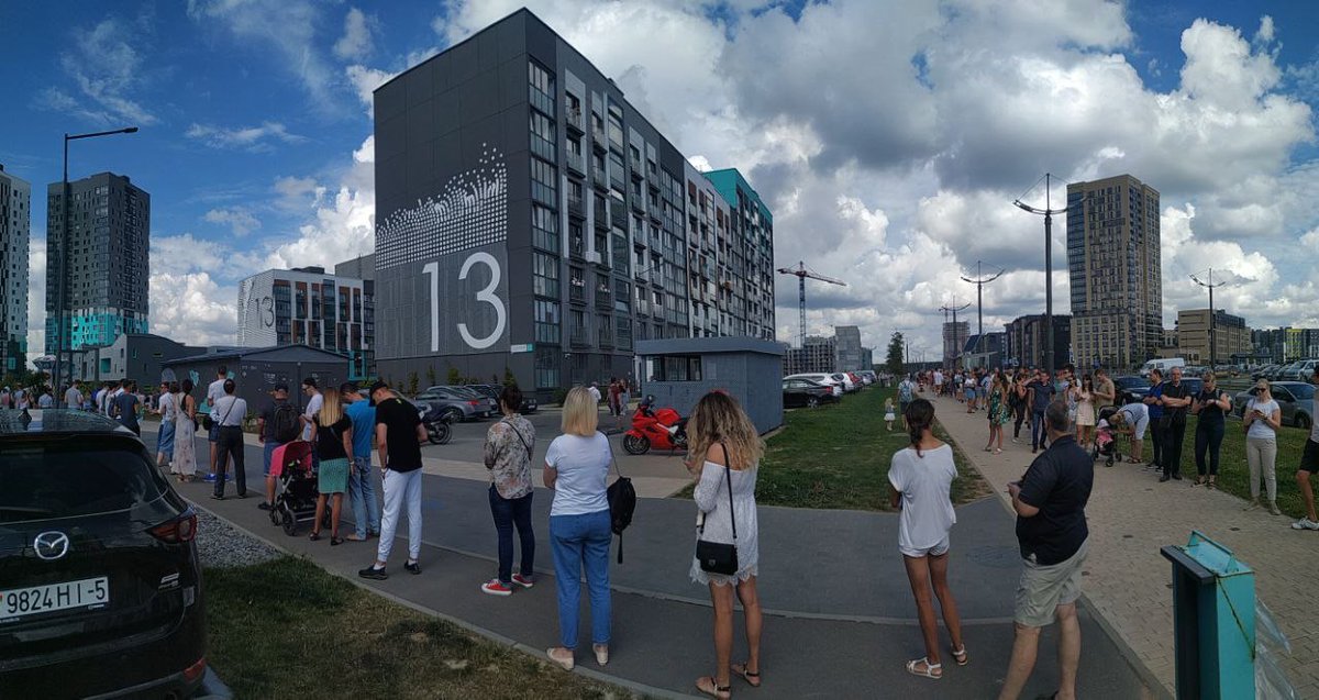 Voters lining up to cast their votes at a polling station in Kopišča village (Minsk district, Belarus), also known as Novaya Baravaya