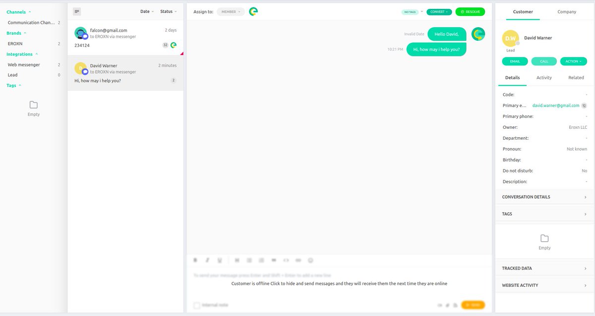 Create unlimited number of brands and channels of your business and segment all your communication histories by brands, channels, integrations and tags. With using customer segmentation, you can view your customer's past interaction, history, their preferences. <a href="/eroxnHQ/">Eroxn LLC - Growth Marketing Software</a>