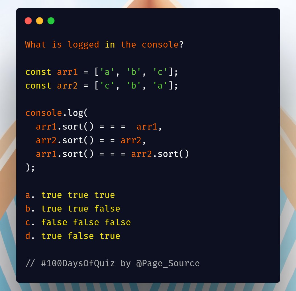 Day 9 question in  #100DaysOfQuiz - #JavaScript  #100DaysOfCode  #freeCodeCamp  #CodeNewbie  #CodeNewbies