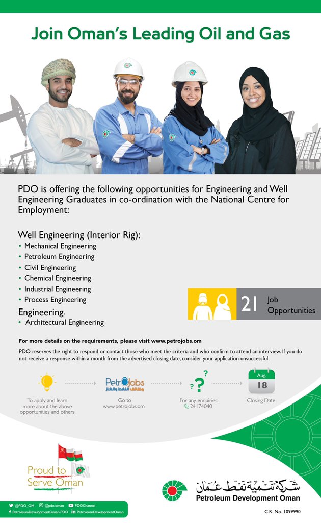 Job Opportunities for Omani Engineering and Well Engineering graduates at #PDO.
 
To apply and learn more about these opportunities, visit the careers section of the Petrojobs website at petrojobs.om.