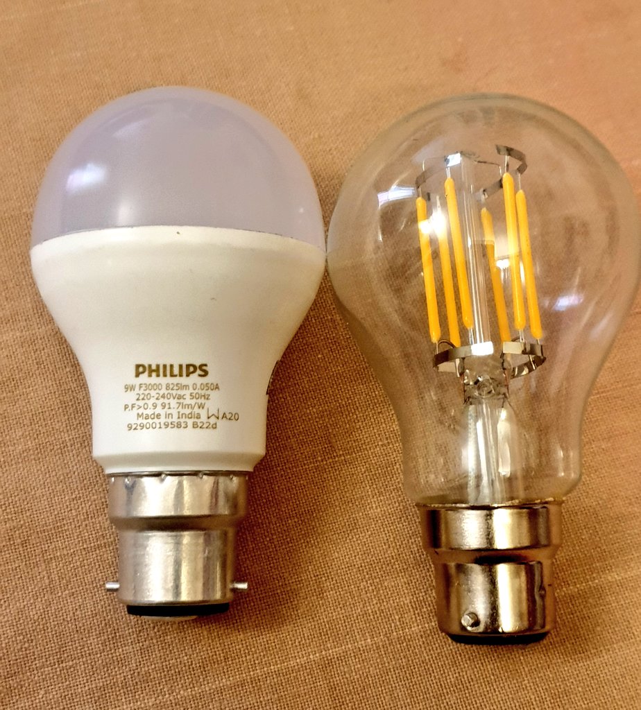 So no surprises that 9W LED-filament has better light output than a 11W CFL. Now, a regular 9W LED warm white bulb (left) vs LED-f (right). Both draw 8.6W (37mA after 3 min at 232V). Light output identical when measured with SLR though reflector LED looks dimmer here). 4/n