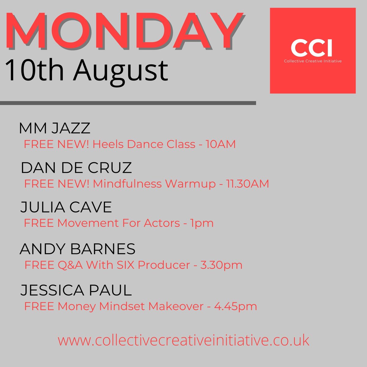 CCI2020's tweet photo. TOMORROW'S AWESOME LINEUP!

10AM - @TwinTina2 #dance
11.30AM - @dandecruz #vocals
1pm - @julia_cave #movementforactors 
3.30pm - #andybarnes @globalmusicals #producer #QandA 
4.45pm - @_JessicaPaul #mindfullness 

Full details - https://t.co/jqQ1PsvRbU

#actor #dancer #singer 1/6 https://t.co/1jsN1oThpG