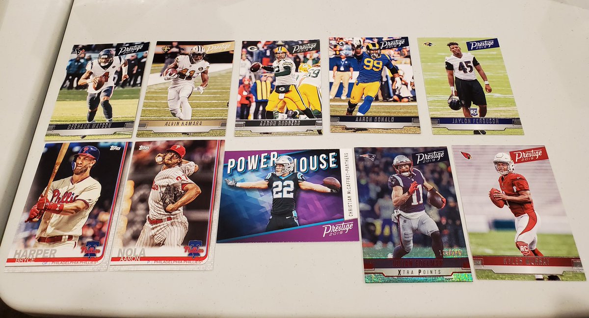 LebronsLocker's tweet photo. My youngest step-son purchased his 1st two NFL packs of Prestige 2019 at Five Below and he got some pack luck I'll say! Told him we will collect more and have his own sale down the line! He is ready to make some money!  #StackingPaper #GrowingHisPC https://t.co/LtCj2Jlu2N