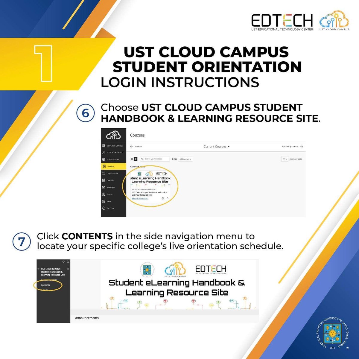UST1611official's tweet photo. Thomasians, the UST CLOUD Campus orientation will take place this week. Check these instructions and schedules provided by the Educational Technology Center to find out when your schedule is. https://t.co/fclGGJN1hd