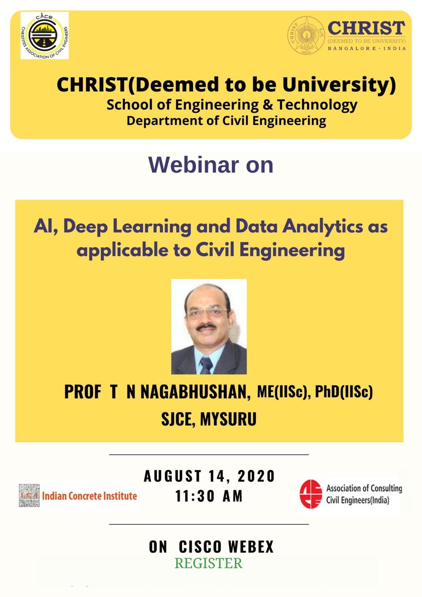 christ_kengeri's tweet photo. Webinar on 'AI, Deep Learning and Data Analytics as applicable to Civil Engineering".
Organized by Department of Civil Engineering
:
#christuniversity #Webinar #christlife #christite #education #admissions #civilengineering #studentslife #students #online #webex https://t.co/Dmc6QtQfWO