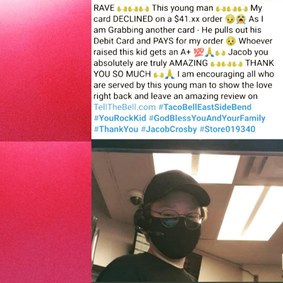KCBC417's tweet photo. Someone posted this about my baby. He said, "She had kids in the car and I didn't want them to be hungry." So proud of him. ❤ @tacobell https://t.co/Dkb5O8krBE