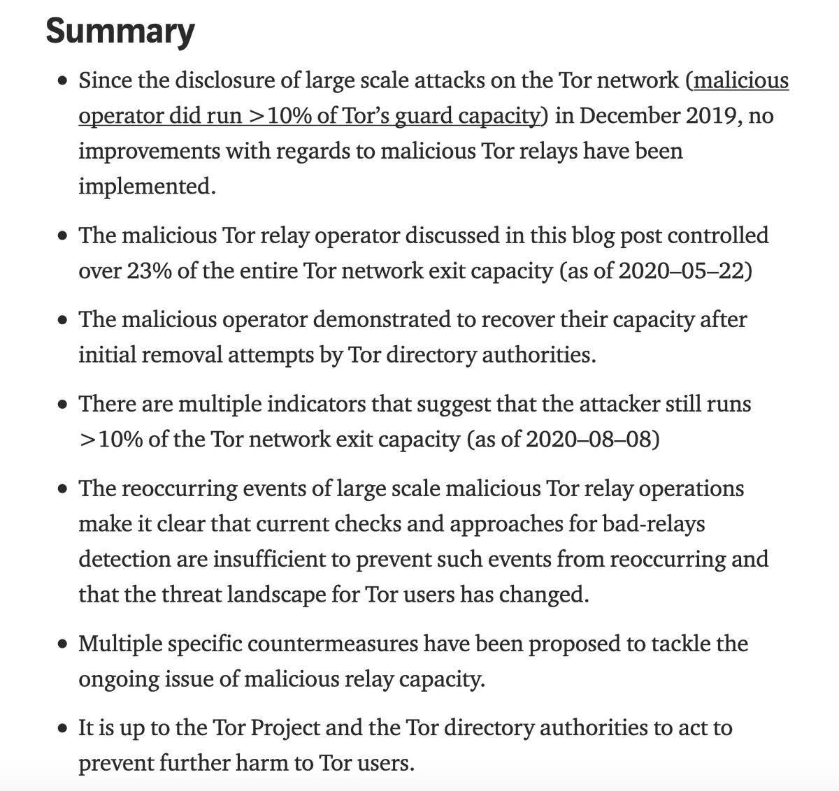 mrkoot's tweet photo. How Malicious Tor Relays are Exploiting Users in 2020 - Part I (Aug 9) https://t.co/tLpxHkh9Pw 

Alleges >23% of the Tor network’s exit capacity has been attacking Tor users; e.g. selective removal of HTTP-to-HTTPS redirects.

by nusenu ( https://t.co/mLErXzcY6o )

/c @thegrugq https://t.co/iFmXLQEKLr