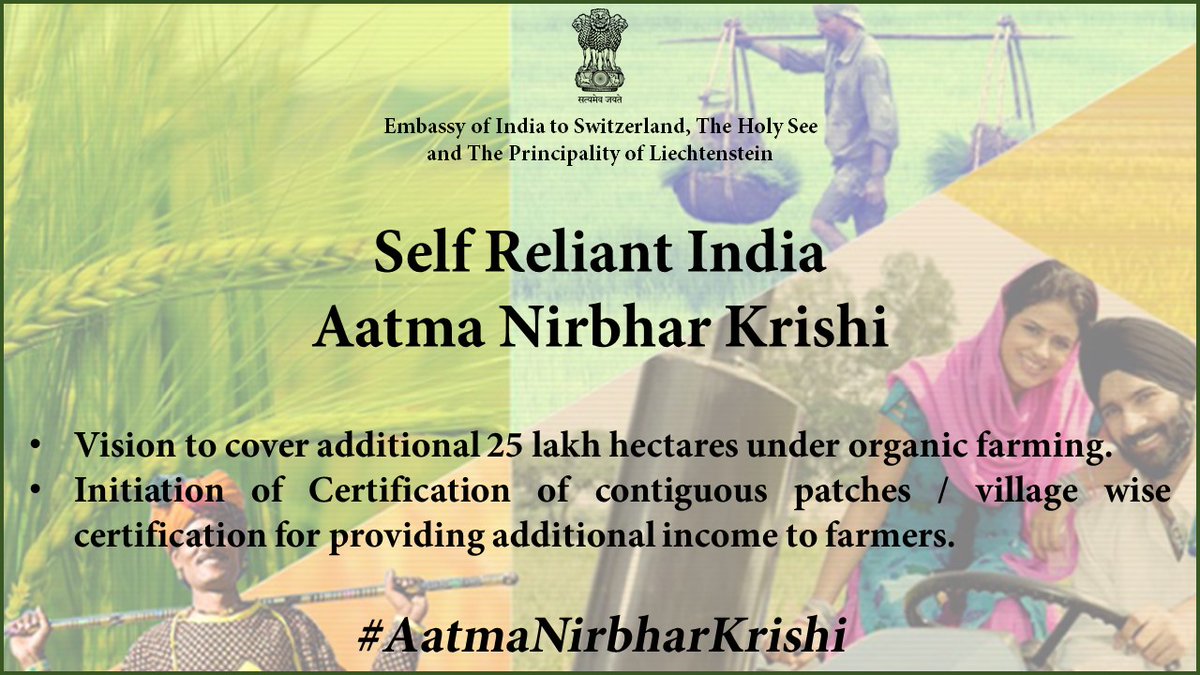 Self Reliant India-Aatma Nirbhar Krishi (Self Reliant Agriculture) #AatmaNirbharKrishi 
<a href="/MEAIndia/">Randhir Jaiswal</a> <a href="/AgriGoI/">Agriculture INDIA</a> <a href="/IndianDiplomacy/">Indian Diplomacy</a> <a href="/IndianIcn/">Indian Cultural Network (ICN), Switzerland</a> <a href="/IndianIpn/">Indian Professionals Network (IPN), Switzerland</a> <a href="/thematic_of/">Thematic Library, EoI, Switzerland</a> <a href="/icarindia/">Indian Council of Agricultural Research.</a> <a href="/DDKisanChannel/">Doordarshan Kisan - दूरदर्शन किसान</a>  <a href="/NITIAayog/">NITI Aayog</a> <a href="/DoC_GoI/">Dept of Commerce, GoI</a> <a href="/FieoHq/">FIEO</a> <a href="/APEDADOC/">APEDA</a> <a href="/TPCI_/">Trade Promotion Council of India</a> <a href="/Min_FAHD/">Ministry of Fisheries, Animal Husbandry & Dairying</a> <a href="/ICAR_IIHR/">ICAR-IIHR</a> <a href="/MOFPI_GOI/">Ministry of Food Processing Industries</a>