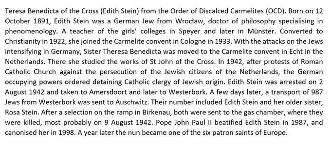 AuschwitzMuseum's tweet photo. 9 August 1942 | Edith Stein, St. Teresa Benedicta of the Cross, Discalced Carmelite nun #OCD, patron of #Europe, was murdered in a gas chamber of the German Nazi #Auschwitz II-Birkenau camp. #EdithStein #carmelites https://t.co/bnwjan1YEl