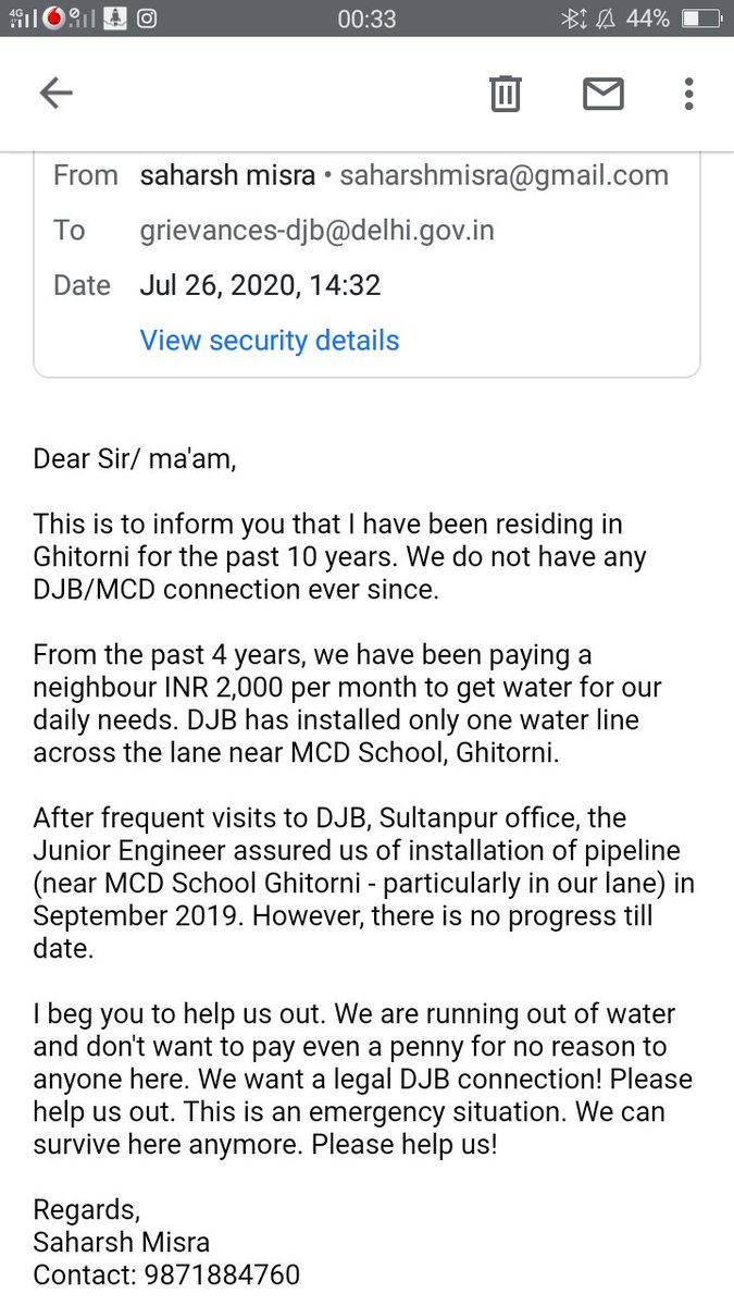 THESAHARSH's tweet photo. @raghav_chadha @AamAadmiParty  @ArvindKejriwal Please look into my water complaint. No water in Ghitorni. https://t.co/x1nGLOed1b