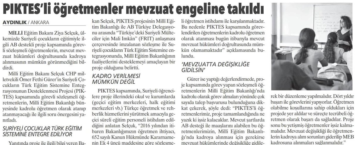 fethigurer's tweet photo. #PİKTES öğretmenleri AB ile proje kapsamında 4 yıldır öğretmenlik yapıyor.Proje sonunda görevleri sona erecek.Deneyim kazanmış,öğretmenliğin gereğini başarı ile yerine getirmiş #piktesemebdenkadro  verilmelidir.@PiktesTR @piktesogretmen  Bugün @AydinlikGazete  gazetesi haberimiz. https://t.co/S2TaHChqxE