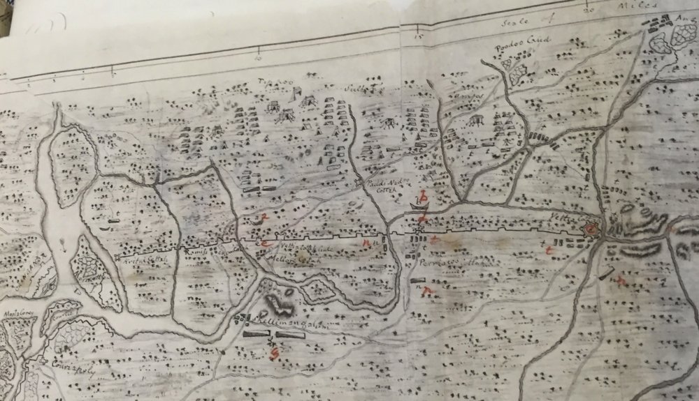  #Tweet4BharatMap: The Attack on Travancore Lines by Mysorean Army in December 1789 (Image Courtesy: British Library, India Office Records, MSS Eur E313/7)
