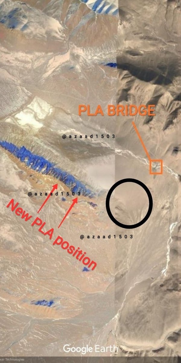 3)NO recent PLA infra cnstructn in d area. Road, Bridge & 2 PLA Bases started appearing since early 2000s.4)Only recently, PLA has positioned on the heights 2 the SW of the Bridge. Though these new positions r difficult 2 pick bt fresh tracks help speculate 2/ #IndiaChinaBorder