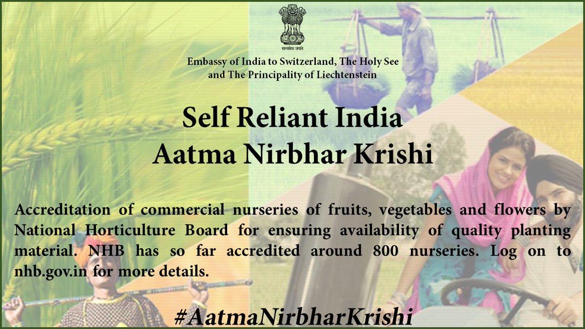 Self Reliant India-Aatma Nirbhar Krishi (Self Reliant Agriculture) #AatmaNirbharKrishi 
<a href="/MEAIndia/">Randhir Jaiswal</a> <a href="/AgriGoI/">Agriculture INDIA</a> <a href="/IndianDiplomacy/">Indian Diplomacy</a> <a href="/IndianIcn/">Indian Cultural Network (ICN), Switzerland</a> <a href="/IndianIpn/">Indian Professionals Network (IPN), Switzerland</a> <a href="/thematic_of/">Thematic Library, EoI, Switzerland</a> <a href="/icarindia/">Indian Council of Agricultural Research.</a> <a href="/DDKisanChannel/">Doordarshan Kisan - दूरदर्शन किसान</a>  <a href="/NITIAayog/">NITI Aayog</a> <a href="/DoC_GoI/">Dept of Commerce, GoI</a> <a href="/FieoHq/">FIEO</a> <a href="/APEDADOC/">APEDA</a> <a href="/TPCI_/">Trade Promotion Council of India</a> <a href="/Min_FAHD/">Ministry of Fisheries, Animal Husbandry & Dairying</a> <a href="/ICAR_IIHR/">ICAR-IIHR</a> <a href="/MOFPI_GOI/">Ministry of Food Processing Industries</a>