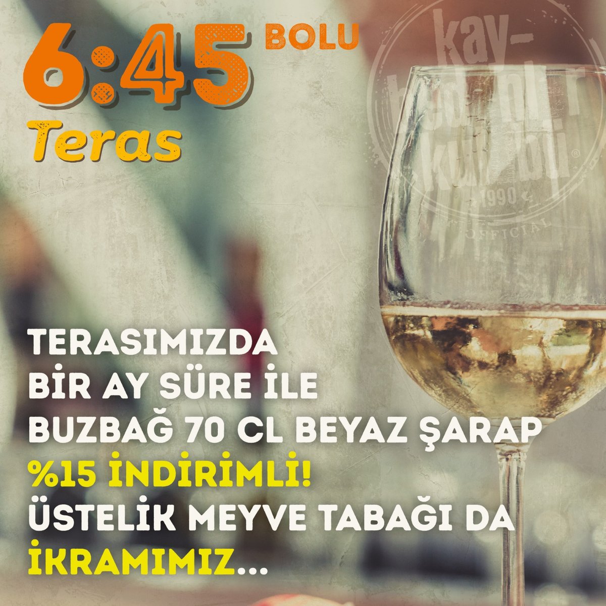 1 AY sürecek bu indirimi kaçırmayın! Buzbağ 70 cl beyaz şarap meyve tabağı hediyesiyle %15 indirimli  6:45 KK Bolu Teras'ta...

#645kkbolu #bolu #durmaksızınmüzik