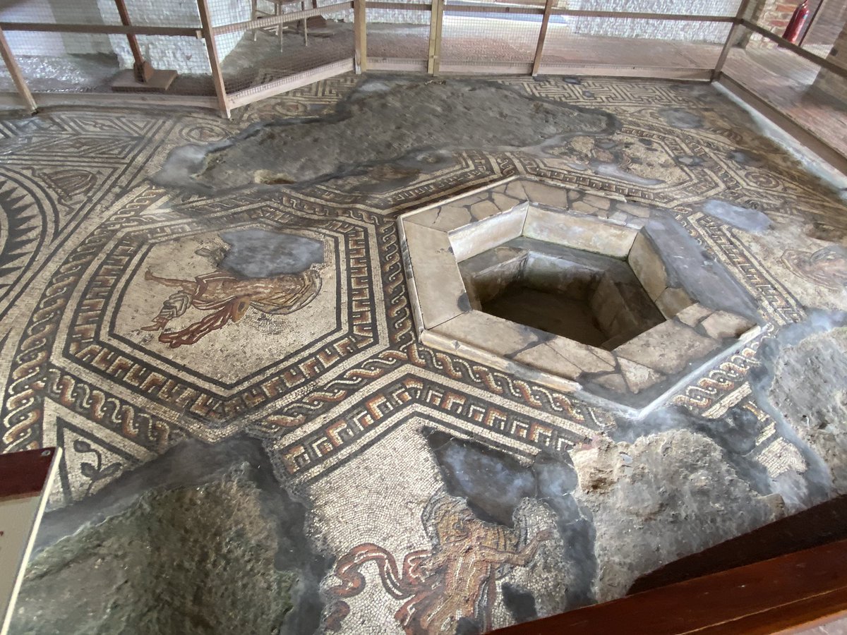 The triculinium (dining room) houses my favourite mosaic - Ganymede wearing a red Phrygian hat being abducted by Zeus disguised as an eagle. In the centre of the room is a piscina (water basin) surrounded by six Maenads.