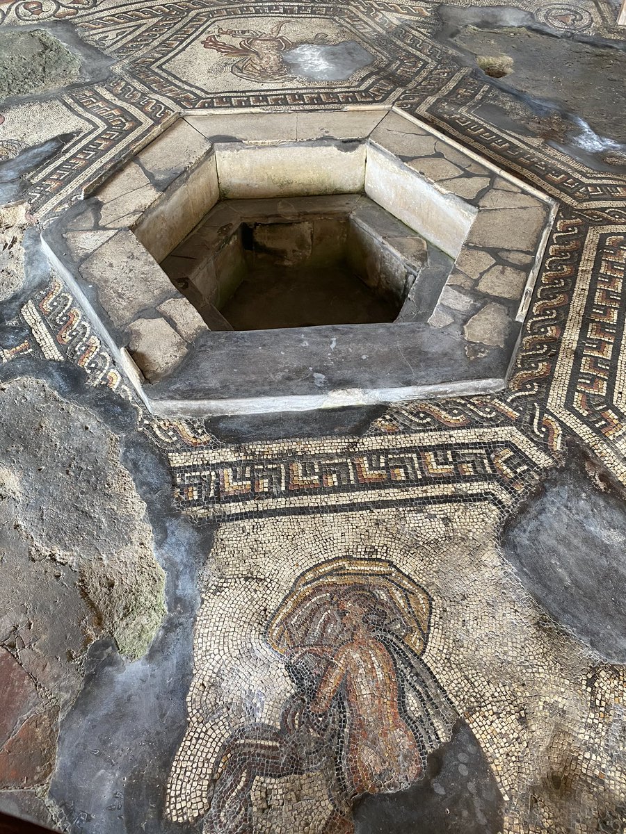 The triculinium (dining room) houses my favourite mosaic - Ganymede wearing a red Phrygian hat being abducted by Zeus disguised as an eagle. In the centre of the room is a piscina (water basin) surrounded by six Maenads.