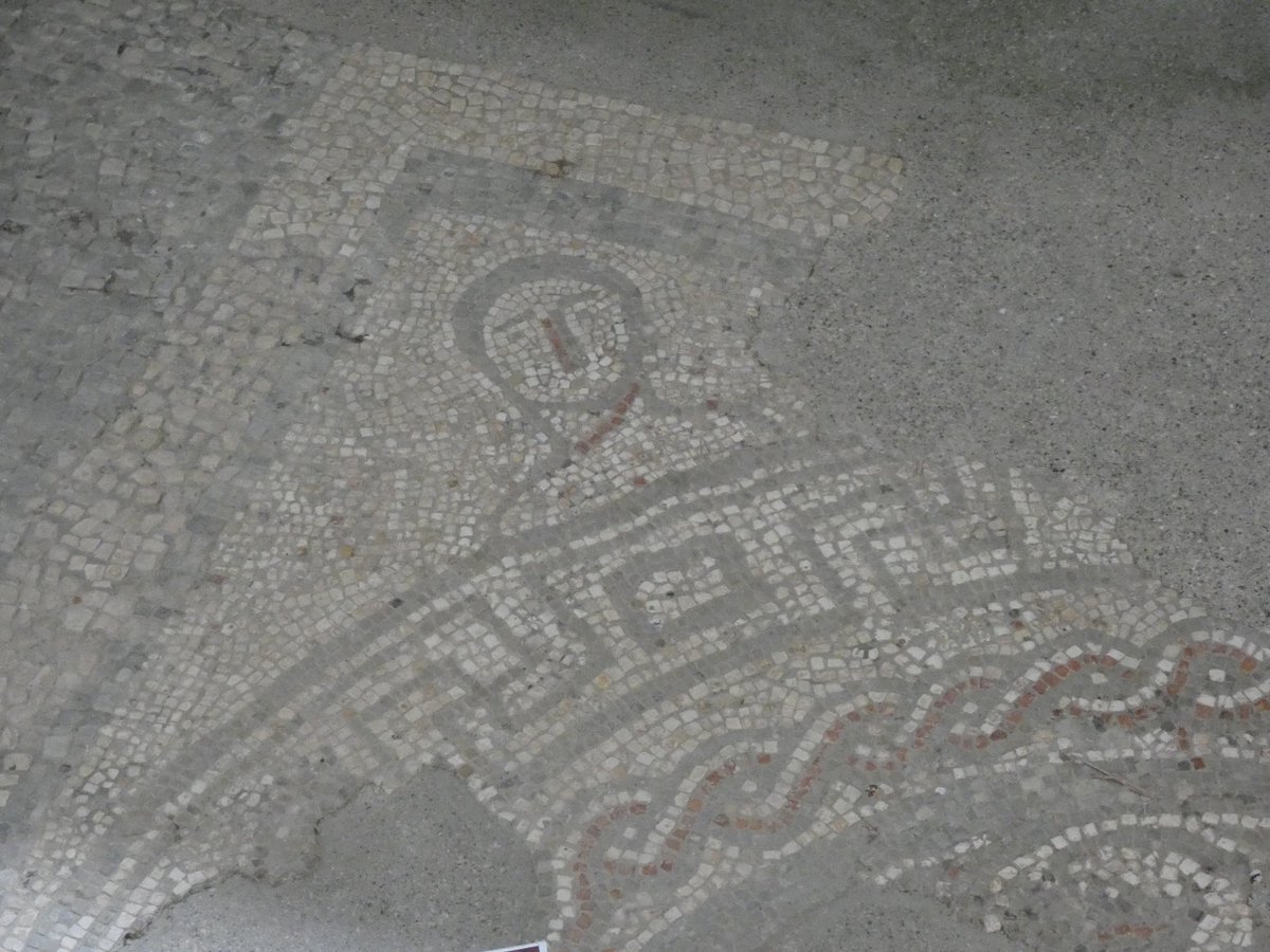 The four seasons are depicted in the West Wing with the head of Medusa in the middle. It’s the oldest mosaic on display at Bignor. Winter is in the bottom right corner can be compared to the Winter in room 8.