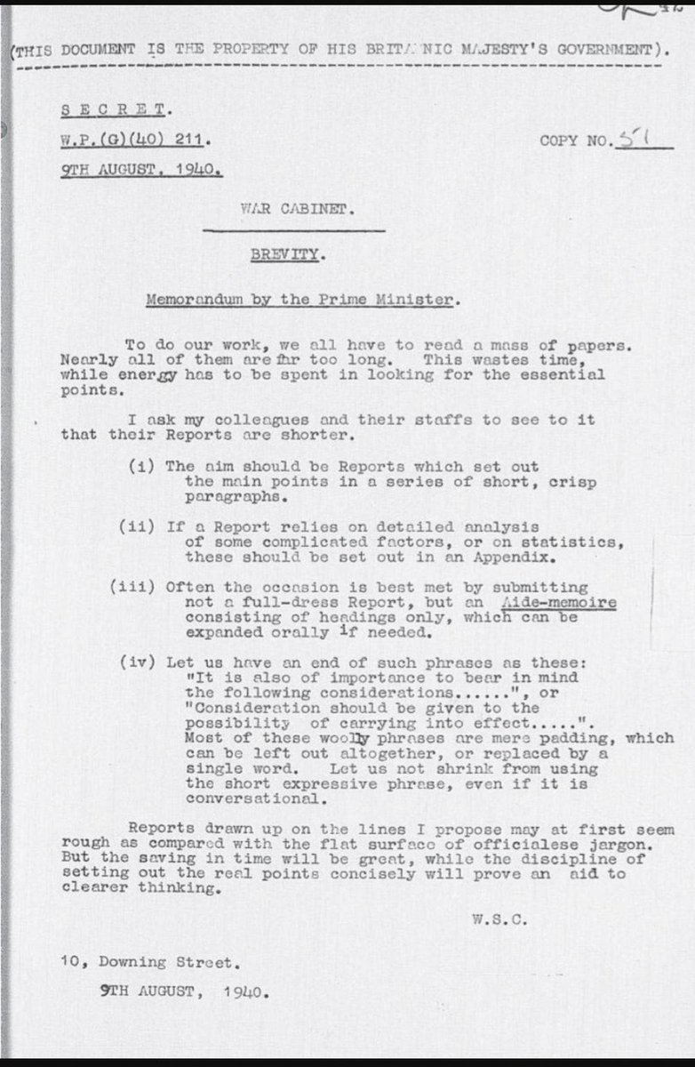 I note Churchill sent his famous 'Brevity Memo' on 9th August 1940. As anyone who works in government (and I suspect elsewhere) knows, it has truly stood the test of time on its 80th anniversary ✓