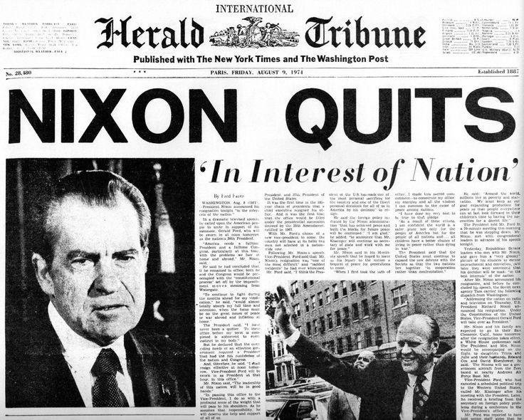 9 August 1974. At 12 noon Richard Nixon became the first US President to resign from office, due to Watergate scandal and to escape certain impeachment