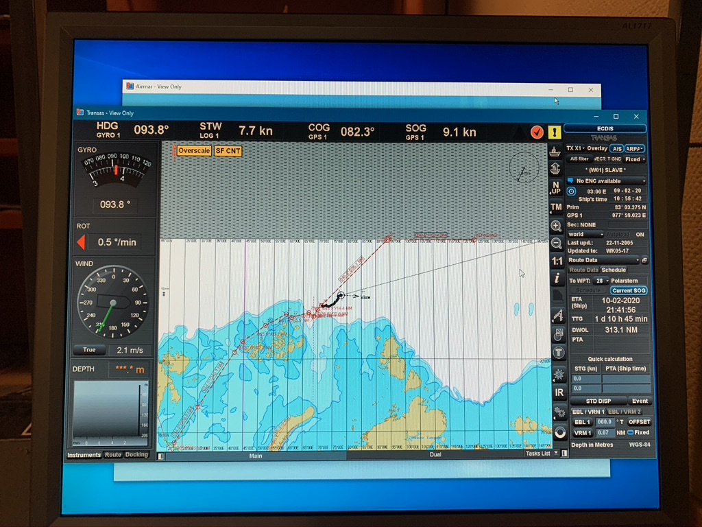 February 9. The ECDIS shows our position. We passed north of Franz Josef Land and are now at about 83°N 78°E.