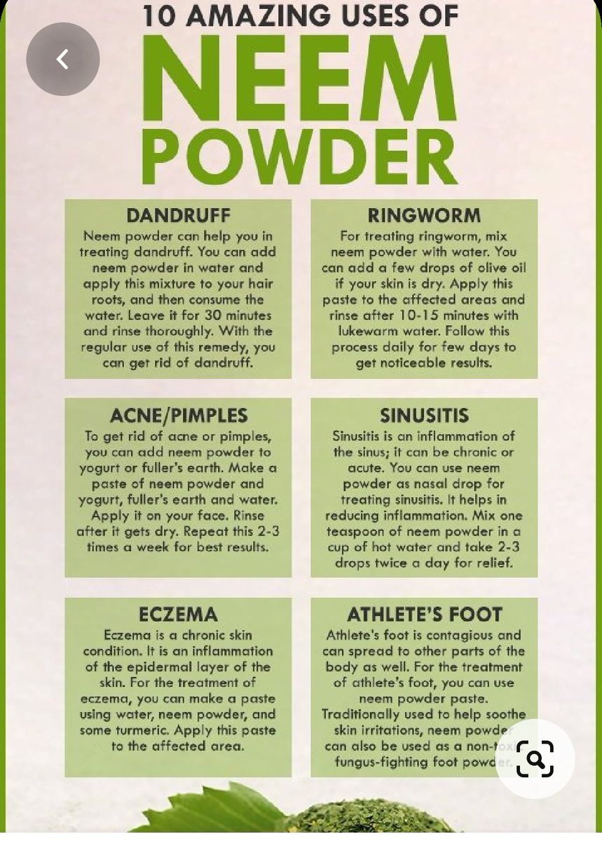 35. Neem tree/leaves and other parts of the tree.This link has a good breakdown of what most part of the tree is useful for, benefits and things to be aware of   https://www.rxlist.com/neem/supplements.htmAlso this one:  https://m.tarladalal.com/top-health-benefits-of-neem-leaves-259