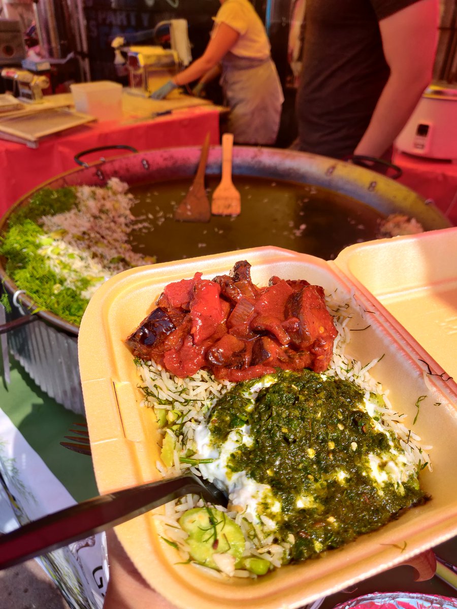 Iraqi food at Portobello Street MarketTimman bagilla - rice cooked with dill and broad beans, served with yogurt, coriander and tomato chutney, and aubergine subzi. The two boys at the stall sold the dish to me. Wasn't planning to try it so kudos to their marketing skills.