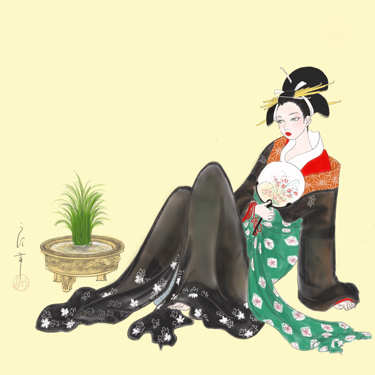 M▽喜多川歌麿 花魁美人図 うちわ美人画 木版画 浮世絵 錦絵 (158) M