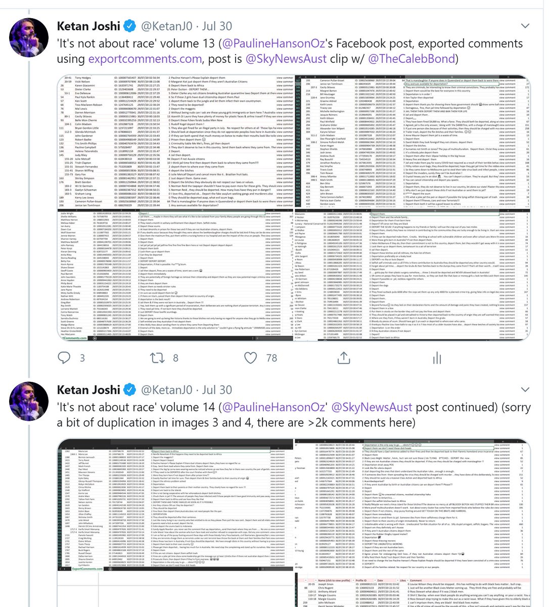 The incredible quantity of comments of these posts was so huge. I used  http://exportcomments.com  for a few of those tweets, but put aside some time to do a more thorough search for mentions of names, topics etc to gather links and try to export comments on all those posts