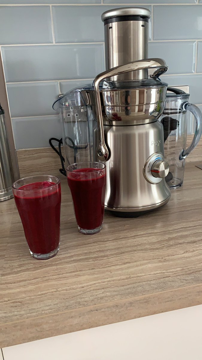 Day 1 - Juicing diet. 3 beets, 4 carrots, 2 apples and ginger. Oscar is not so keen on the fluff on the top! 😂#juicing #joecross