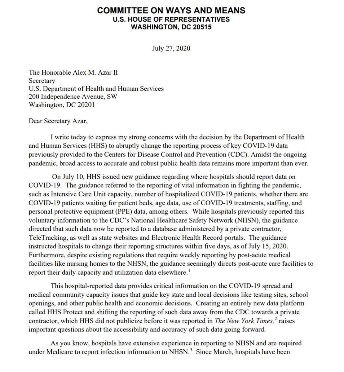 Hospitals are continuing to adjust to the seismic, burdensome changes in #COVID19 reporting requirements at the federal level. Read the letter @RepRichardNeal sent to the U.S. Department Health & Human Services outlining may of those concerns.