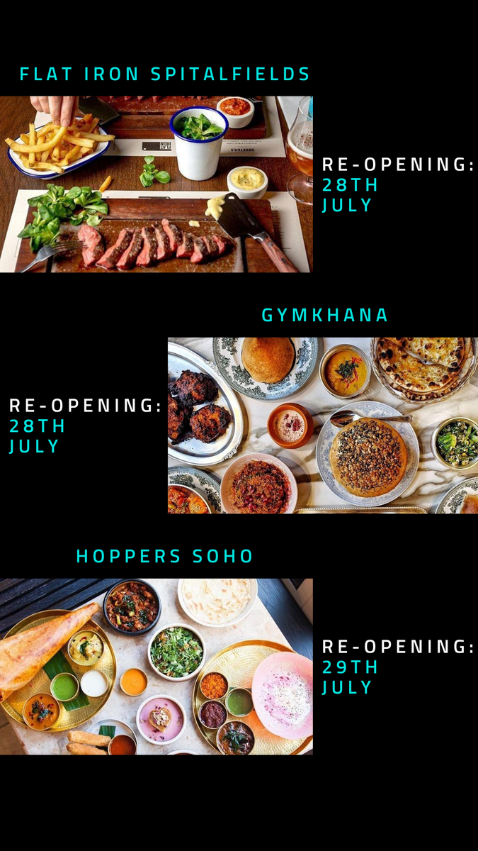 🚨Just a few exciting London restaurant re-openings this week 🚨
- <a href="/flatironsteak/">Flat Iron Steak</a> Spitalfields today
- @GymkhanaLondon today 
- @HoppersLondon Soho tomorrow. 
Find all these venues, updated #reopening details &amp; more on Déjà Vu. Download via the link in our bio now. #ShrinkTheCity