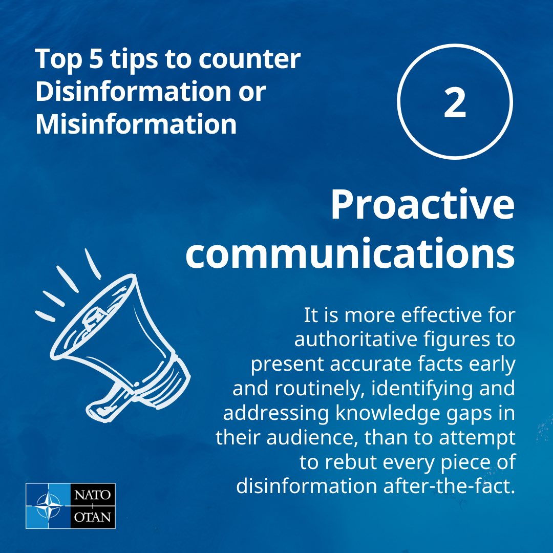  #NATO gives you 5 top tips on countering  #disinformation. /: Proactive communications. Check out out approach  https://bit.ly/3jadFlT  #FactCheck