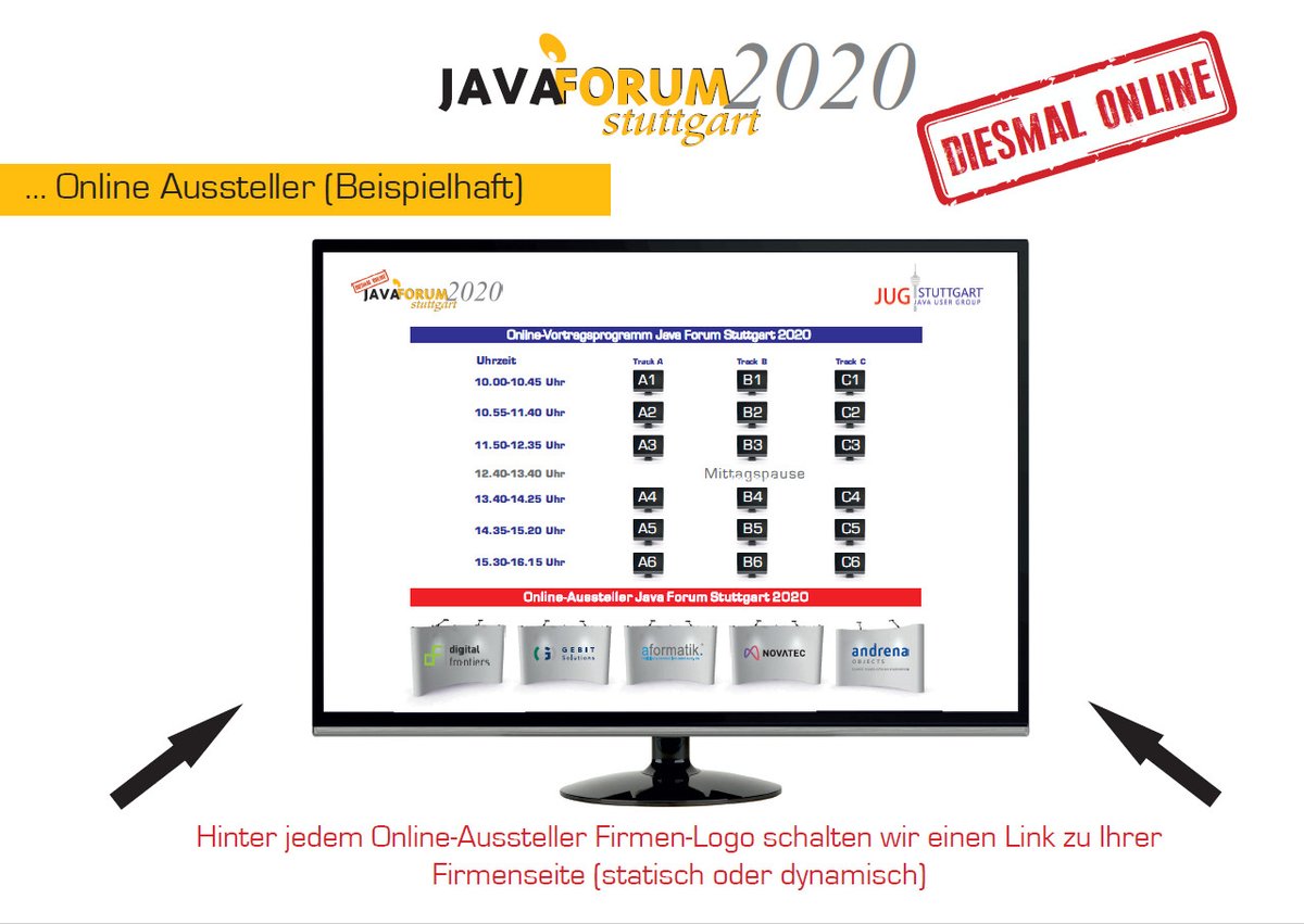 #JavaForumStuttgart am 24. September - diesmal online - diesmal für Besucher kostenlos!

Wir müssen das #jfs2020 komplett durch Aussteller &amp; Sponsoren finanzieren - mitmachen: java-forum-stuttgart.de/de/Teilnahmeop…
Als gemeinnützige JUG Stuttgart e.V. freuen wir uns natürlich auch über Spenden!