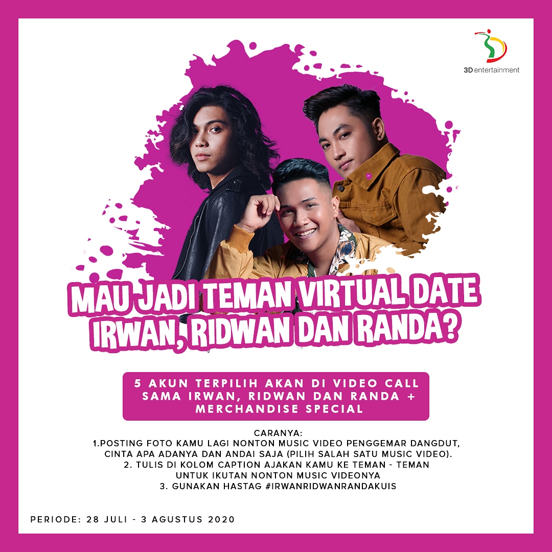 3dent_id's tweet photo. Buat yang mau jadi temen virtual date nya @DA2_Irwan, #Ridwan, #Randa, yukk ikutan kuisnya! 
Langsung aja ke Instagram 3Dent yaaaa
👉🏻 https://t.co/lVd3RhBWYl

#IrwanRidwanRandaKuis #3dentquiz https://t.co/OI3WyfcOqu