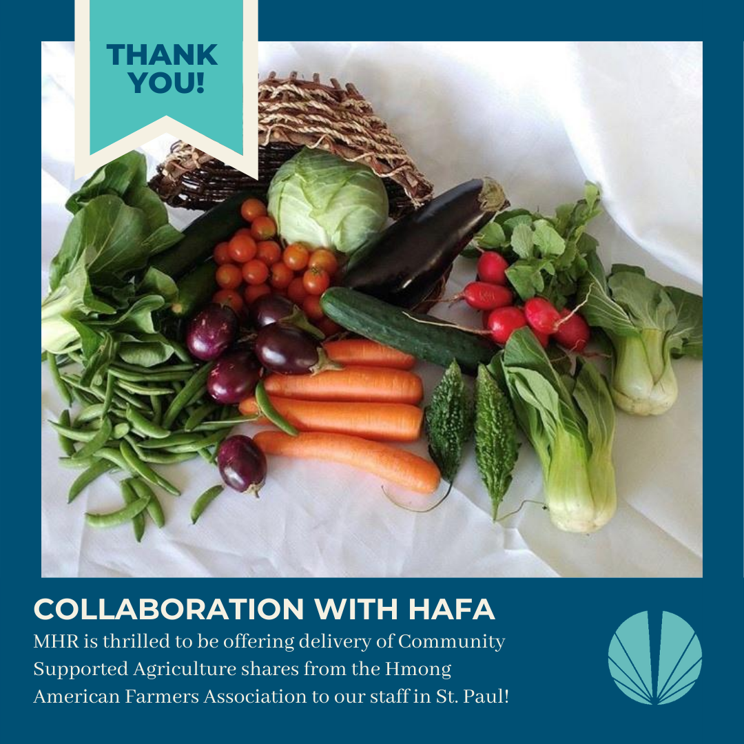 MHResourcesInc's tweet photo. MHR is thrilled to be offering delivery of shares from the Hmong American Farmers Association's Community Supported Agriculture program to our staff in St. Paul! https://t.co/zqqKCQsYqb