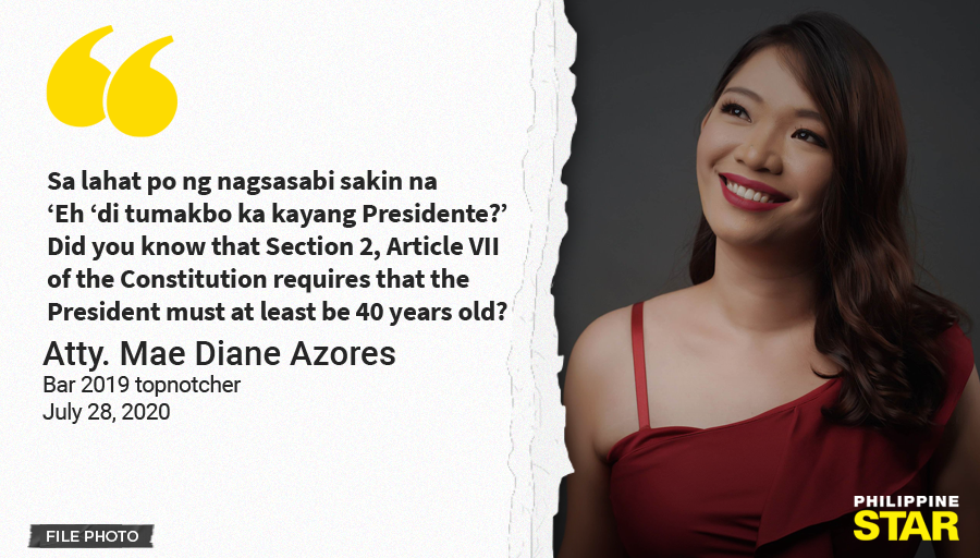 PhilippineStar's tweet photo. Bar 2019 topnotcher Atty. Mae Diane Azores claps back at bashers who are taunting her to run for presidency following her criticisms against the government. https://t.co/PHGp0gJcyO