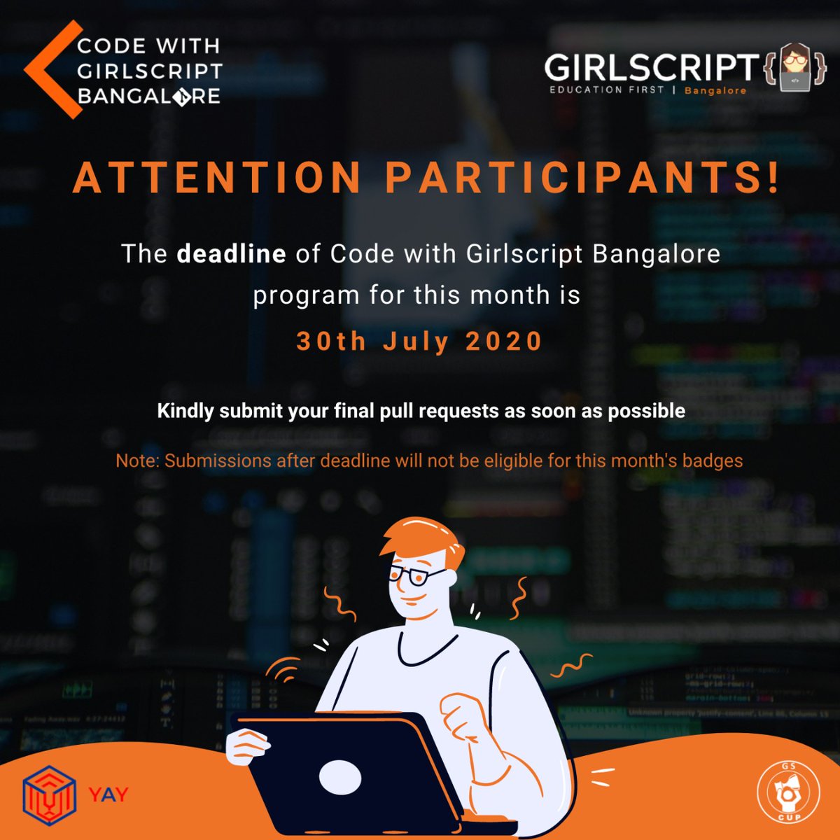 girlscriptblr's tweet photo. Hello ππ» everyone. As you might be aware that the monthly deadline for our #CodewithGirlscriptBangalore program is 30th July 2020.
So we would like to remind our participants to kindly submit their PR's and collect their badges by 30th July.
#opensource #gsblr #codewithGSBlr https://t.co/5CakCeXFxv
