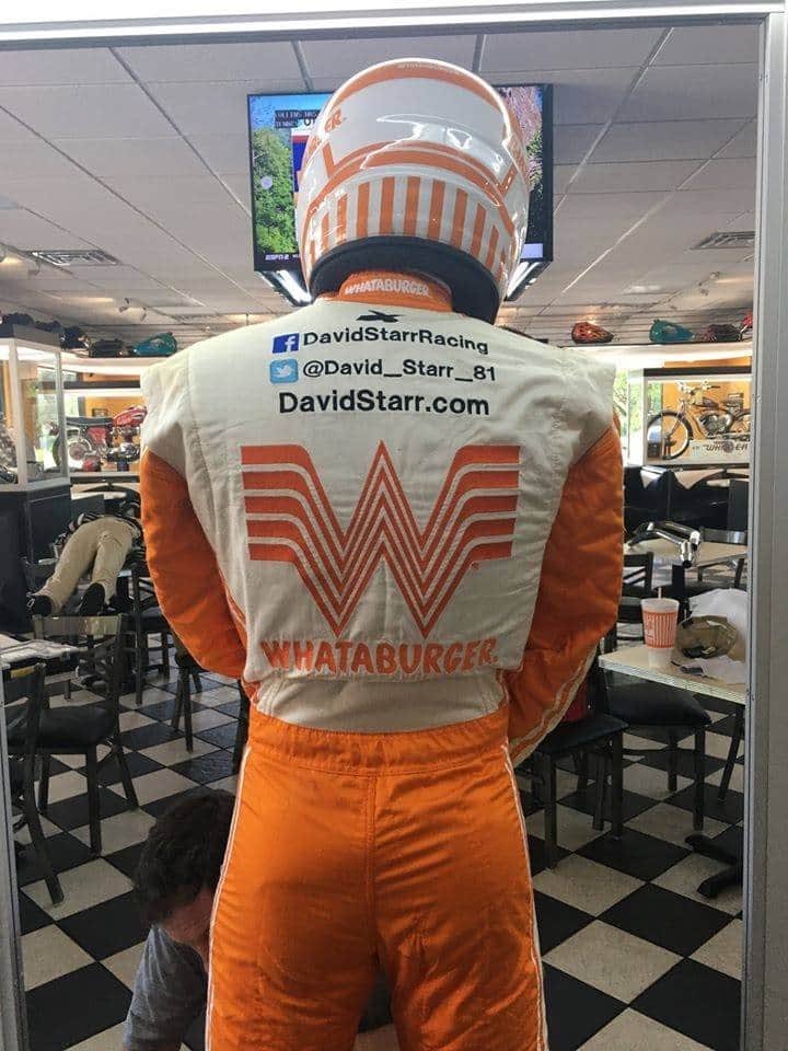 starr_racing's tweet photo. How cool is this? A friend of mine sent me this picture! My old suit is being displayed in @Whataburger store #667 in Tyler, TX. https://t.co/Bu8qDUeiUI