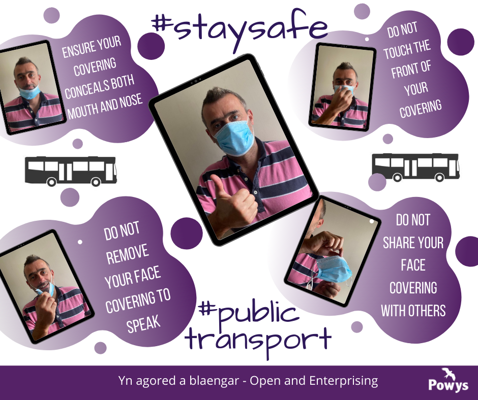 PTUPowys's tweet photo. Public transport is still for essential journeys only.  If you have to use it though, please remember to wear your face covering. @PowysCC @PowysCC_HTR @powyshighways https://t.co/M0iIBtS9ea