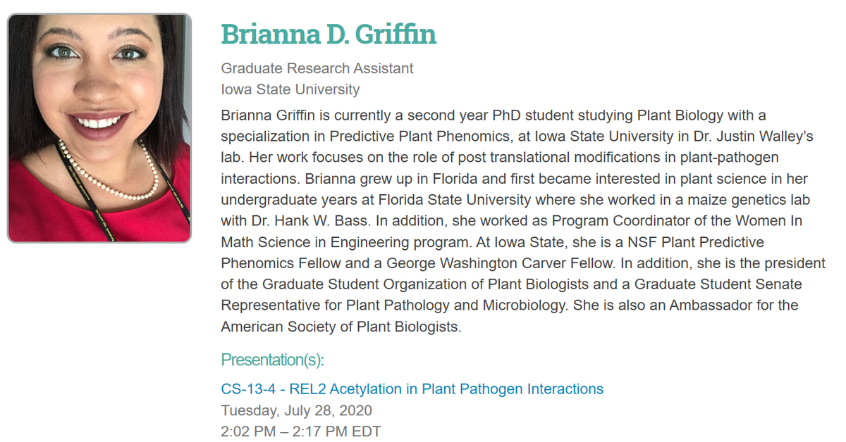 IpbIsu's tweet photo. IPB student Brianna will be giving a talk today on REL2 Acetylation in Plant-Pathogen Interactions. Are you interested in grad school? She will also be part of the panelist, answering all your questions. Make sure you tune in! #WiPB #PlantBio20 #ECR https://t.co/UoZC5hqfnf