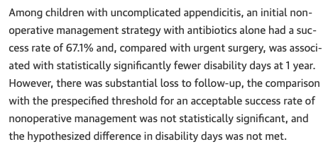 AliRaja_MD's tweet photo. Association of Nonoperative Management Using Antibiotic Therapy vs #LaparoscopicAppendectomy w/ Treatment Success &amp; Disability Days in Children w/ #UncomplicatedAppendicitis
@PeteMinneciMD et al. @nationwidekids
https://t.co/3p3K09ohCC
@JAMANetwork 
#PediAppendicitis https://t.co/7I0Wr4Arzi