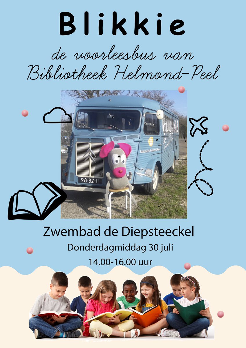 Het wordt donderdag prachtig zwembadweer ☀! En laat dan net de <a href="/Voorleesbus/">Voorleesbus Blikkie</a> Blikkie Zomertour stoppen bij Zwembad De Diepsteeckel 🏖 in Someren. Kom je ook luisteren naar een mooi verhaal tussen 14:00-16:00 uur?
bibliotheekhelmondpeel.nl/blikkie