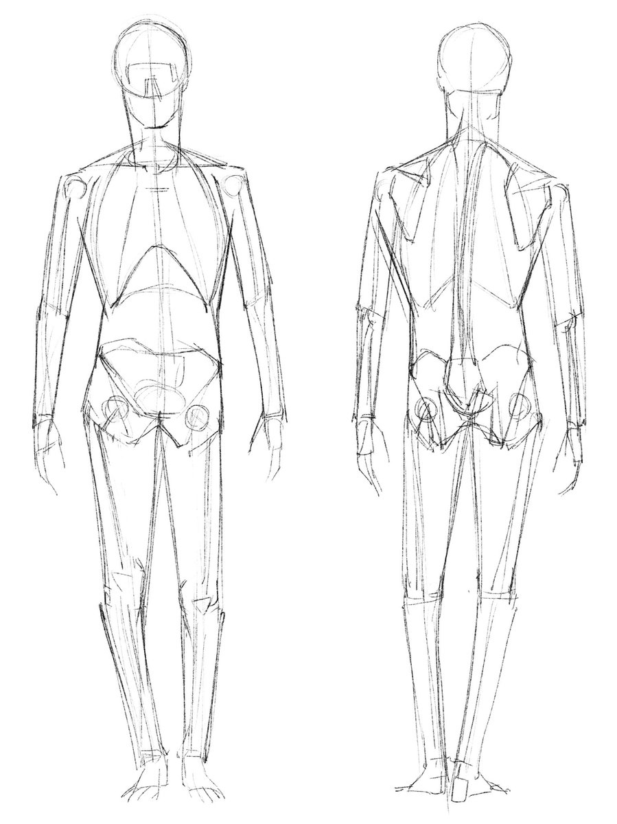 骨格を用いたクロッキーの一例。おおよその骨格を描き(三枚目)、骨格の出っ張りを結び(二枚目)、膨らんだ部分を描く(一枚目)。 
