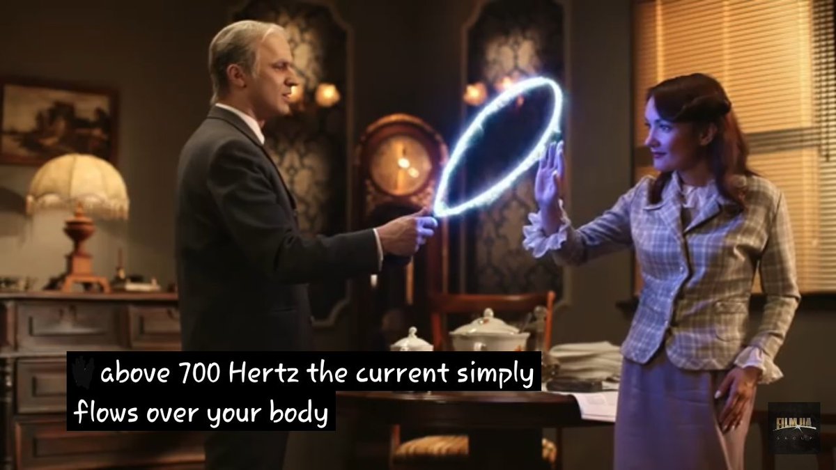 'Above 700Hz the current simply flows over your body.'
The electric #current flows mainly at the 'skin' of the conductor, called #skineffect 
#science 
#Tesla