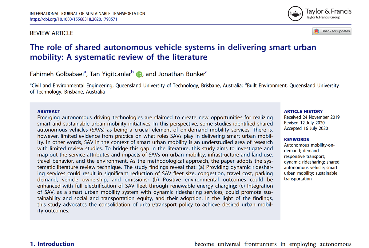 In our new study, published in IJST, we (with <a href="/FahimehGolbabae/">Fahimeh Golbabaei</a> &amp; Jon Bunker) investigated the role of #SharedAutonomousVehicle systems in delivering #SmartUrbanMobility.

Free access is available from: tandfonline.com/eprint/ZV4NRT9… 

<a href="/UrbanStudiesLa1/">QUT Urban Studies Lab</a> <a href="/QUT/">QUT</a> @QUTmedia @QUTSciEng @IFE_QUT